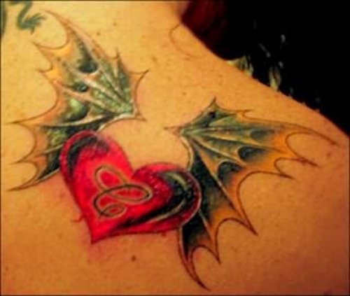 Bat Wings Heart Tattoo On Back Shoulder