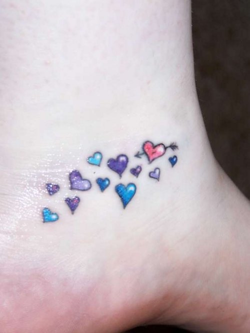 Awesome Colored Heart Tattoos On Ankle
