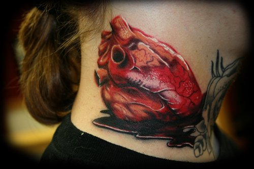 Awesome Colored Red Heart Tattoo On Neck