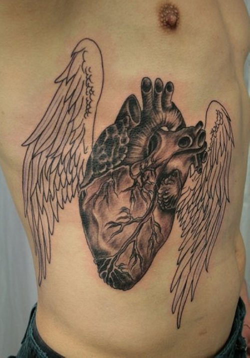 Grey Ink Winged Heart Tattoo On Rib Side