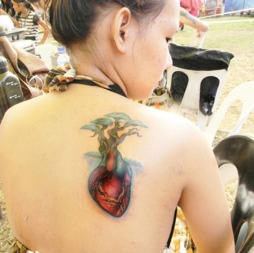 Colored Heart Tattoo On Right Back Shoulder