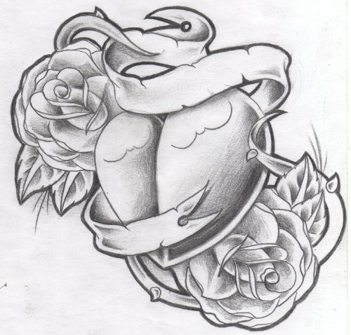 Grey Flowers With Banner and Heart Tattoo Design