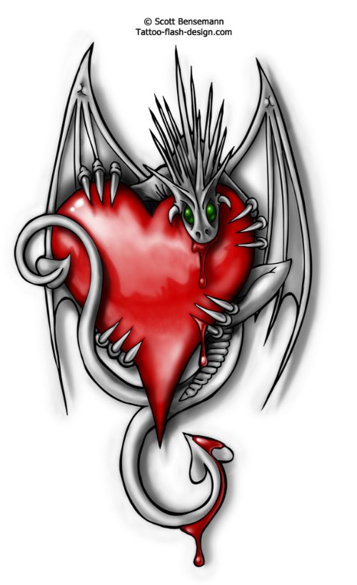 Grey Ink Devil Dragon Heart Tattoo Design