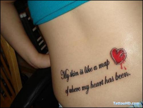 Quote And Red Heart Tattoo On Lowerback