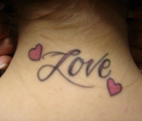 Love Word And Pink Heart Tattoos On Nape