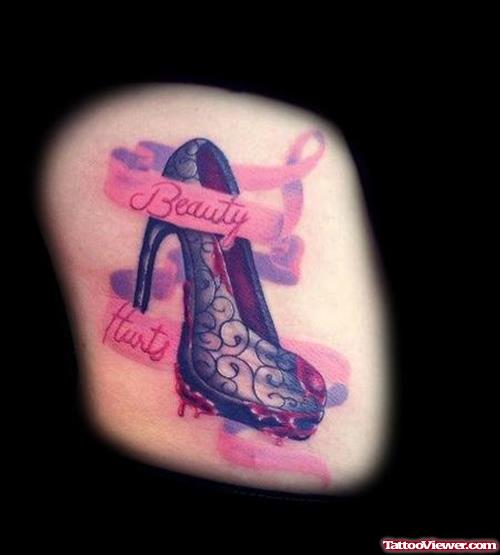 Pink Banner And Heel Tattoo Design
