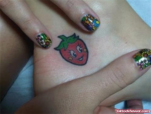 Red Ink Funny Strawberry Heel Tattoo For Girls