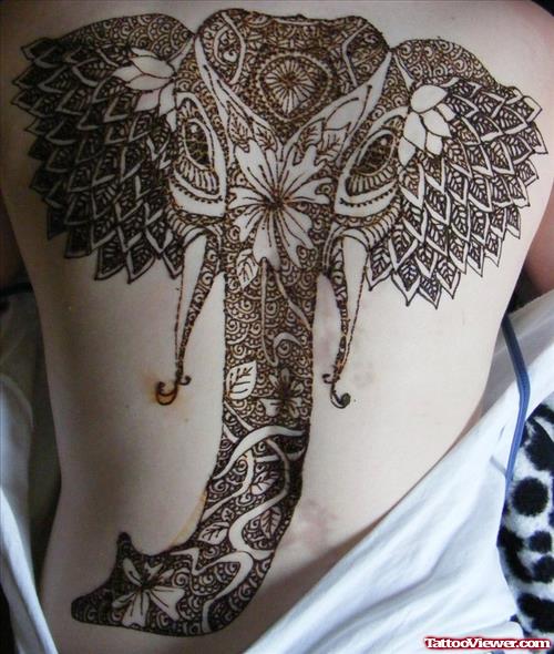 Grey Ink Henna Elephant Head Tattoo On Back