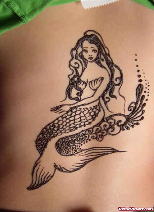 Grey Ink Mermaid Henna Tattoo On Back