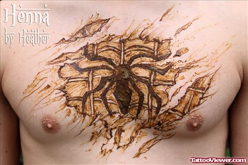 Henna Spider Tattoo On Man Chest