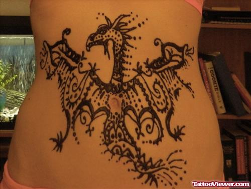 Black Ink Dragon Henna Tattoo On Back