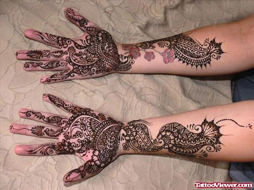 Grey Ink Henna Tattoo On Both Hands And Forearms