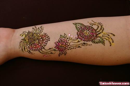 Color Ink Henna Flowers Tattoos On Sleeve