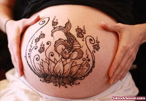 Lotus Flower Henna Tattoo On Belly