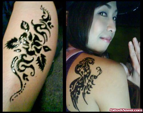 Black Ink Henna Tattoo On Right Back Shoulder