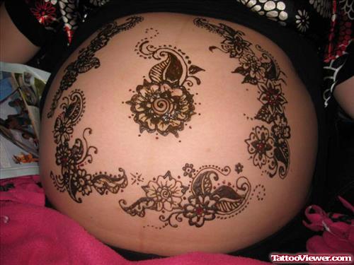Flowers Henna Tattoo On Belly
