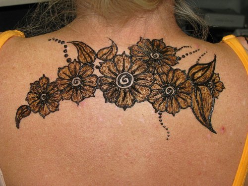 Grey Ink Henna Flowers Tattoos On Upperback