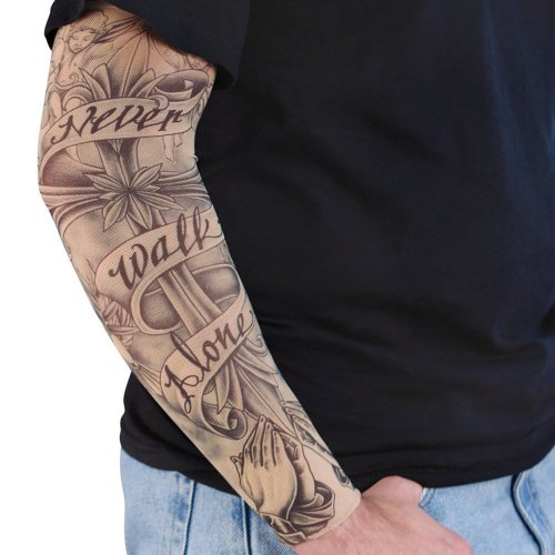Grey Ink Banner And Henna Tattoo On Right Sleeve