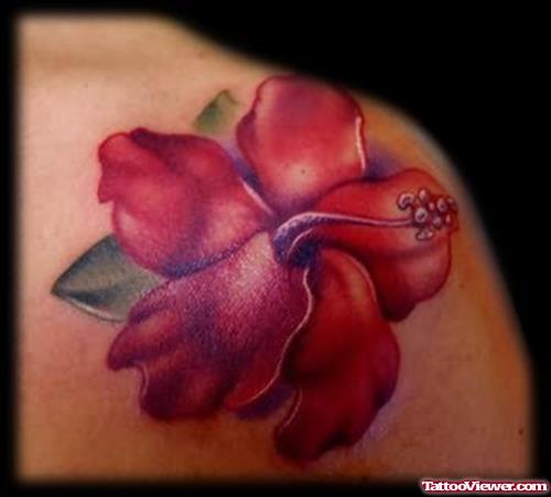 Red Hibiscus Tattoo On Shoulder