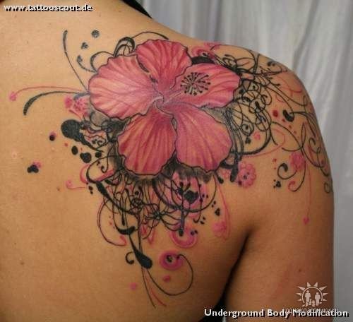 Hibiscus Flower Art Tattoo On Shoulder