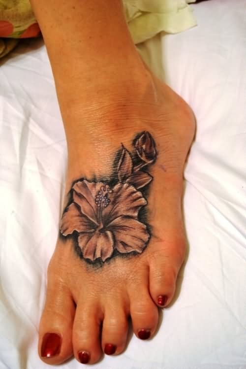 Grey Hibiscus Flower Tattoo On Girl Foot