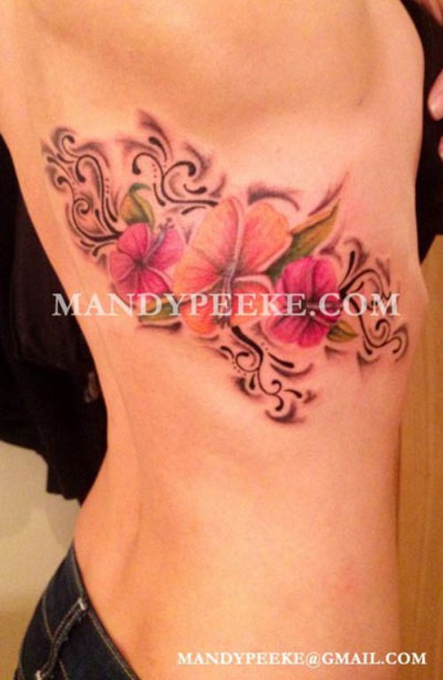 Cool Hibiscus Tattoo On Side Rib By MandyPeeke