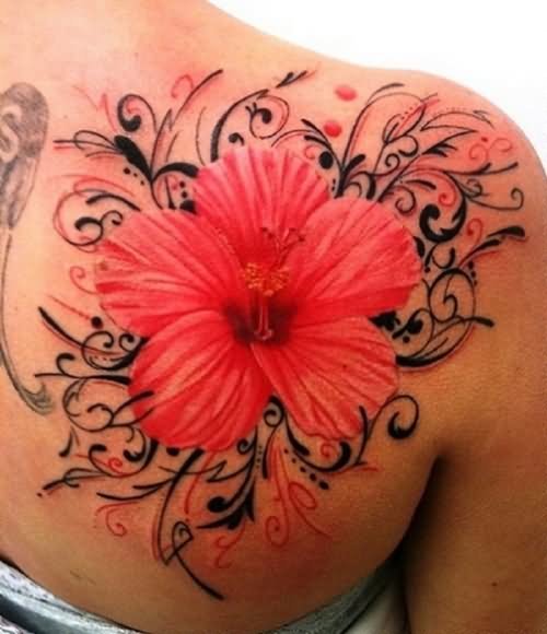 Pink Hibiscus Flower Tattoo On Back Shoulder For Girls