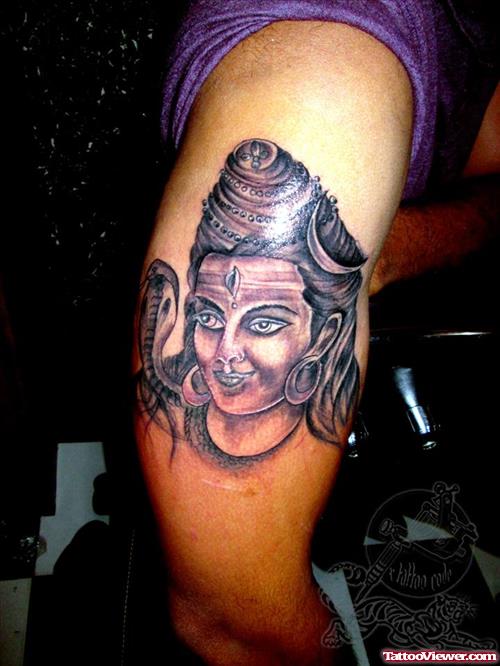 Grey Ink Religious Hindu God  Lord Shiva Tattoo On Half Sleeve