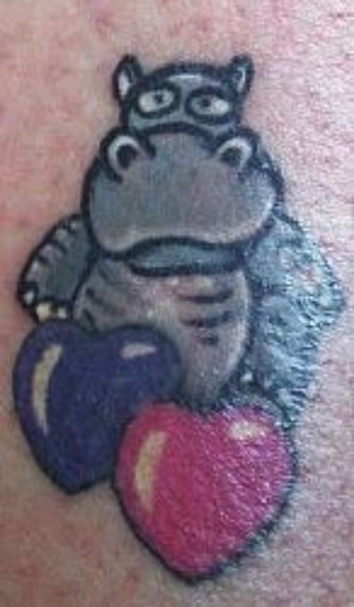 Red Heart And Grey Ink Hippo Tattoo