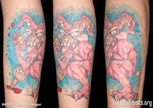 Pink Bunny Hippo Tattoo On Sleeve