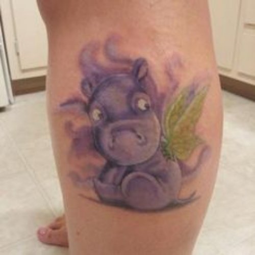 Purple Ink Hippo Tattoo On Left Leg