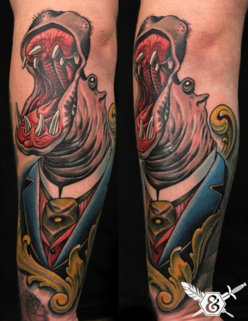 Awesome Color Angry Hippo Tattoo On Sleeve