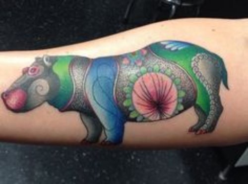Colorful Hippo Tattoo On Sleeve