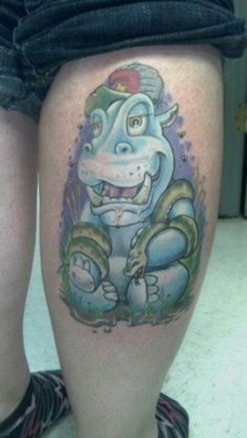 Blue Ink Hippo Tattoo On Back Leg
