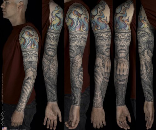 Grey Ink Full Sleeve Historical Tattoo