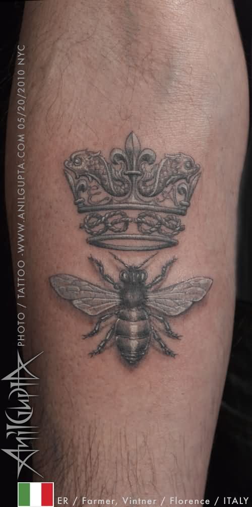Grey Ink Bee And Crown Historical Tattoo