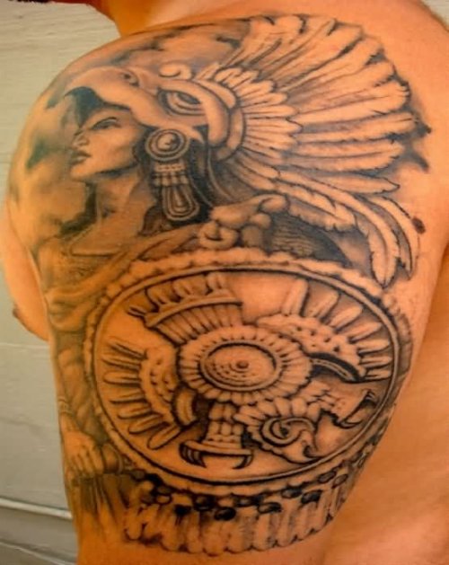 Grey Ink Aztec Historical Tattoo On Left Half Sleeve