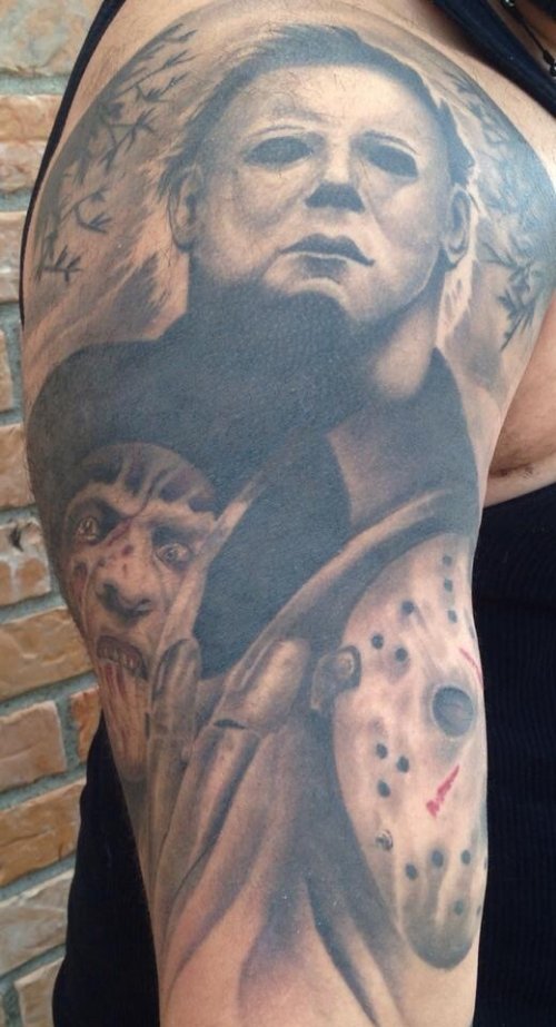 Grey Ink Fredy, Jason And Horror Tattoo On Half Sleeve