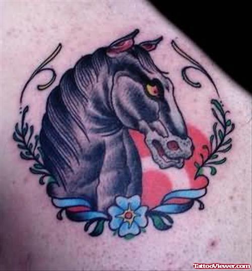 Black Horse And Horseshoe Tattoo