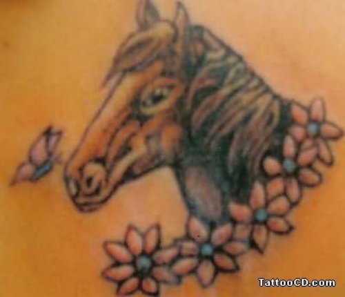 Flowers And Horse Head Tattoo