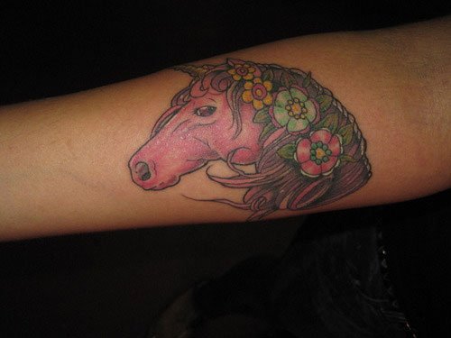 Amazing Pink Horse Head Tattoo On Arm