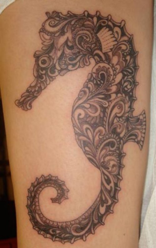 Grey Ink Sea Horse Tattoo On Bicep