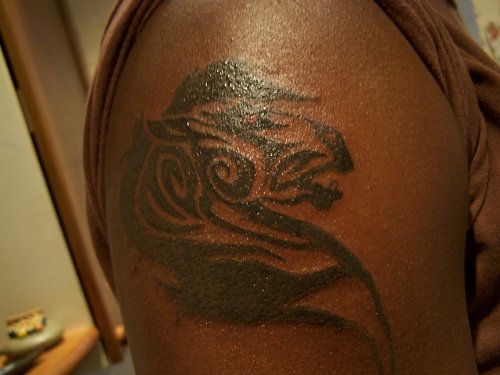 Black Ink Tribal Horse Tattoo on Right Shoulder
