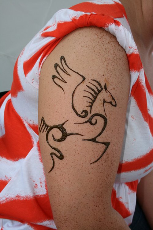 Black Outline Horse Tattoo On Right Half Sleeve