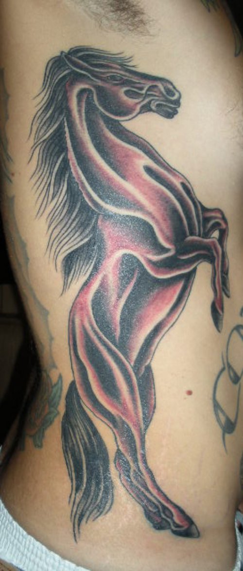 Grey Ink Horse Tattoos On Man Side Rib