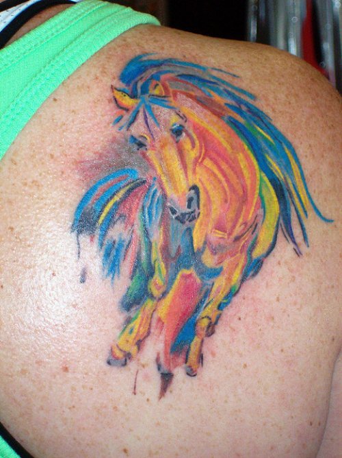 Colored Horse Tattoo On Right Back Shoulder