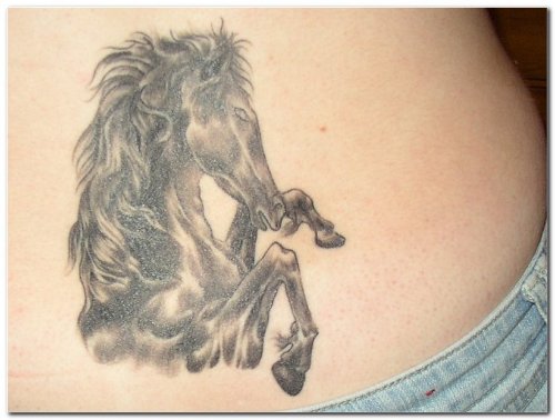 Awesome Grey Ink Horse Tattoo On Lowerback