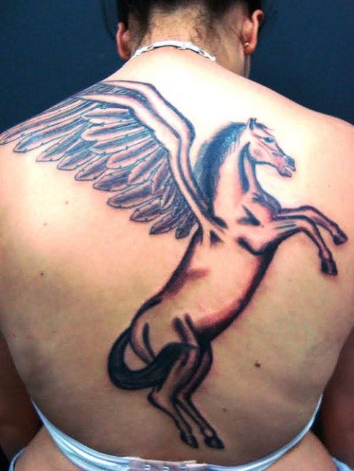 Attractive Winged Horse Tattoo On Back Body