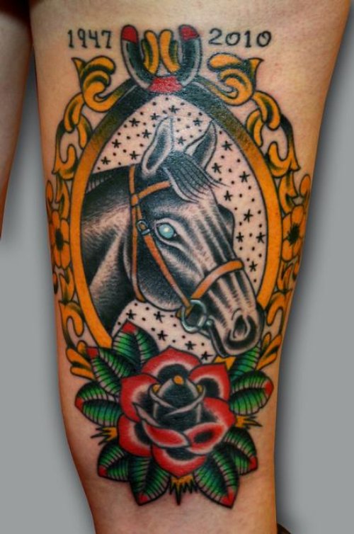 Red Rose Flower And Horse Head Tattoo On Sleeve