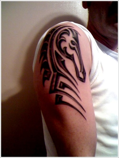 Black Tribal Horse Tattoo On Right Half Sleeve